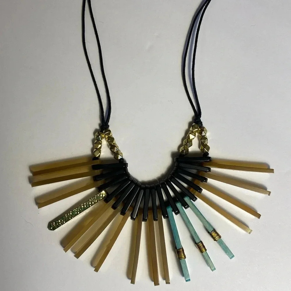 NEW Fair Trade Beaded Fan Statement  Large Necklace Rope Gold Black Turquoise - Picture 11 of 12